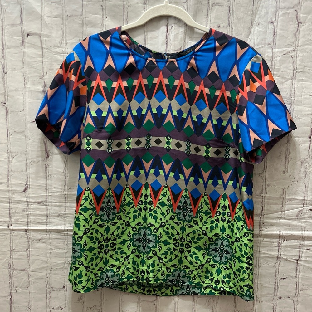 J. CREW Women's Multicolor Abstract 100% Silk Short Sleeve Blouse Size 6 Medium